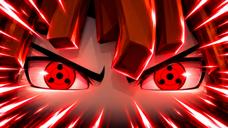 Close-up of a character's glowing red patterned eyes.